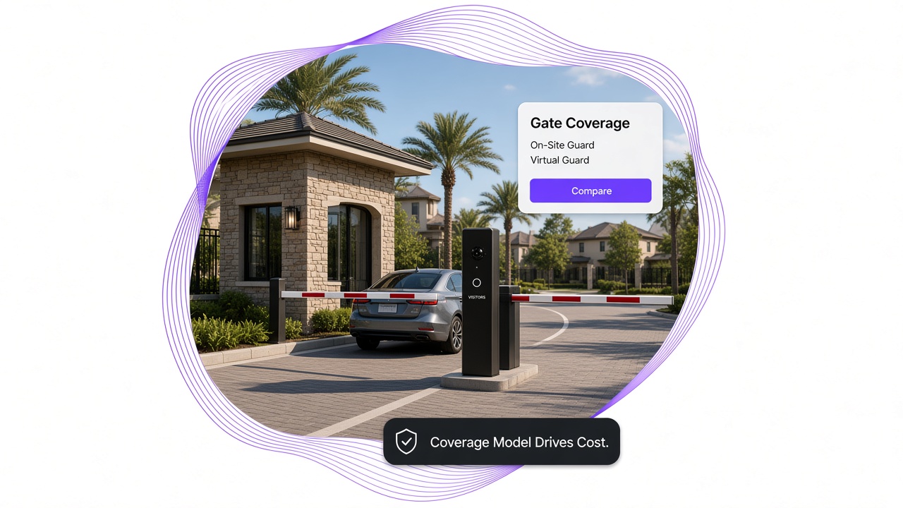 HOA gatehouse entrance with a visitor kiosk comparing on-site guard and virtual gate guard coverage