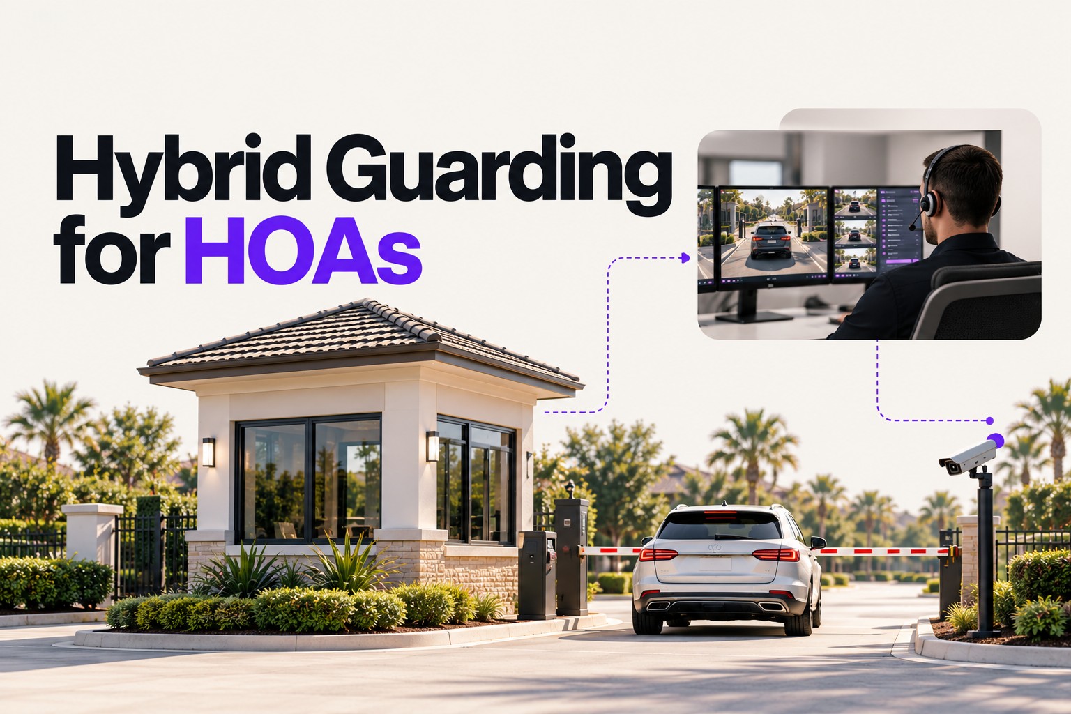 Hybrid guarding for HOAs: a gatehouse and vehicle gate lane connected to a remote operator watching camera feeds