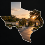 Gated community entrance with stone pillars and iron gates at sunset, framed in the shape of Texas