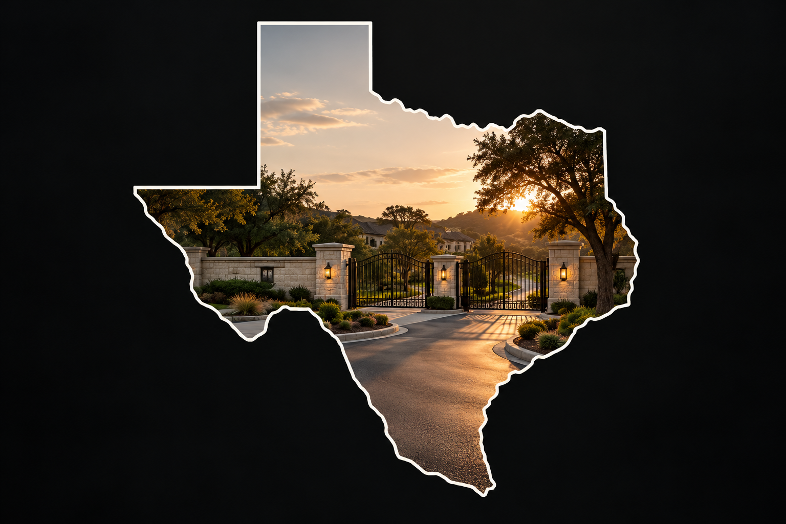 Gated community entrance with stone pillars and iron gates at sunset, framed in the shape of Texas